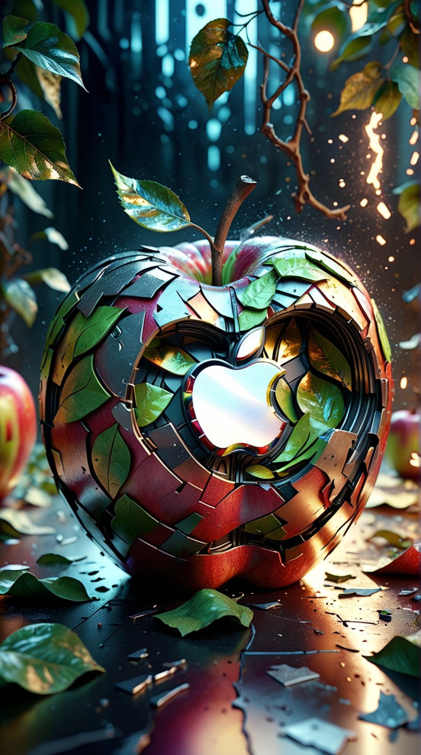 dynamic shot, dynamic pose.

Design an abstract Apple logo with torn pieces of metallic paper, layered to form the iconic apple shape with a leafy stem.

Bokeh background, dynamic background, Intricate details, realistic, vivid colors, Dreamlike, atmospheric, sparkling atmosphere.

(best quality, 4K, 8K, high-resolution, masterpiece), ultra-detailed, realistic, photorealistic, intricate design, vibrant colors, detailed facial expression, otherworldly appearance, glowing elements, complex patterns, high contrast, dynamic lighting, cinematic composition, high detail, high resolution.