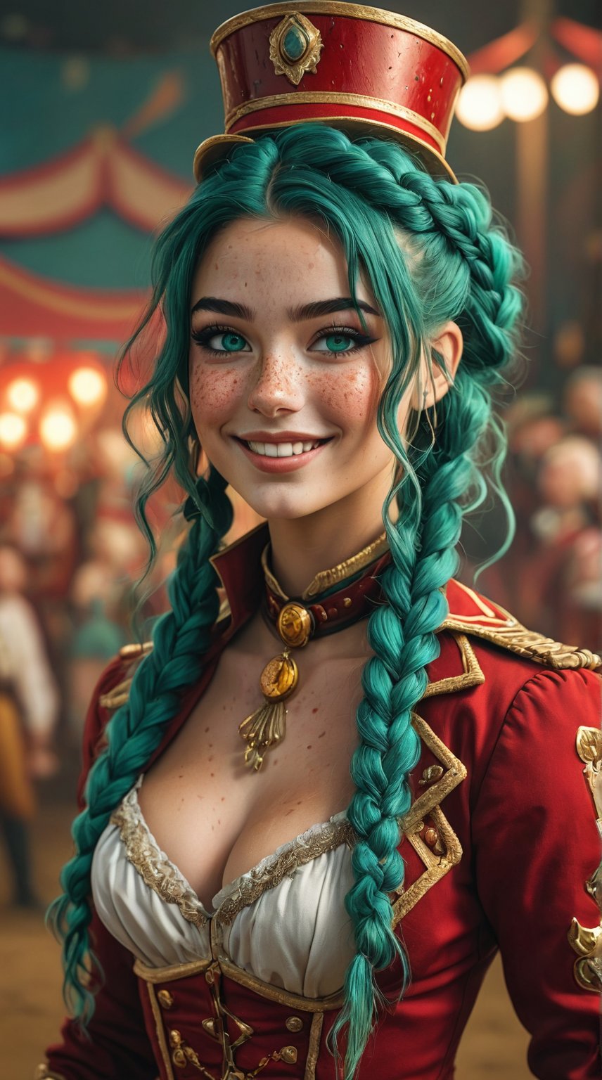 masterpiece, top quality, aesthetic, warrior, circus, ringmaster costume, western style,, torso shot, a few freckles on the nose, long single braided hair, teal green hair, one girl, most beautiful girl, stunningly beautiful girl, gorgeous girl, 20 years old, big amber eyes, smiling