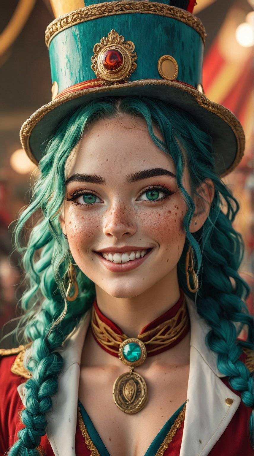 masterpiece, top quality, aesthetic, warrior, circus, ringmaster costume, western style,, torso shot, a few freckles on the nose, long single braided hair, teal green hair, one girl, most beautiful girl, stunningly beautiful girl, gorgeous girl, 20 years old, big amber eyes, smiling