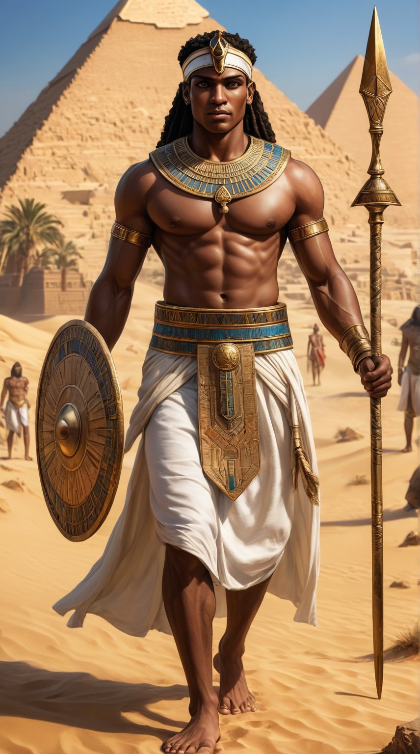 Create an image of a band of ancient Egyptian Medjay warrior. The Medjay is depicted with dark skin, reflecting their Nubian origin. They wear traditional Egyptian military attire: a simple, white linen kilt tied at the waist, and a leather harness crossing over their chest. Their head is adorned with a leather headband, and they are barefoot. The Medjay holds a spear in one hand and a round shield in the other, with intricate designs symbolizing their elite status. Their muscular physique showcases their strength and combat readiness. They also carry a curved sword, a khopesh, strapped to their waist. The background features the desert landscape with pyramids in the distance, highlighting their role in protecting Egypt's borders and trade routes. The overall scene is bathed in the warm, golden light of the setting sun, enhancing the dramatic and historical atmosphere.