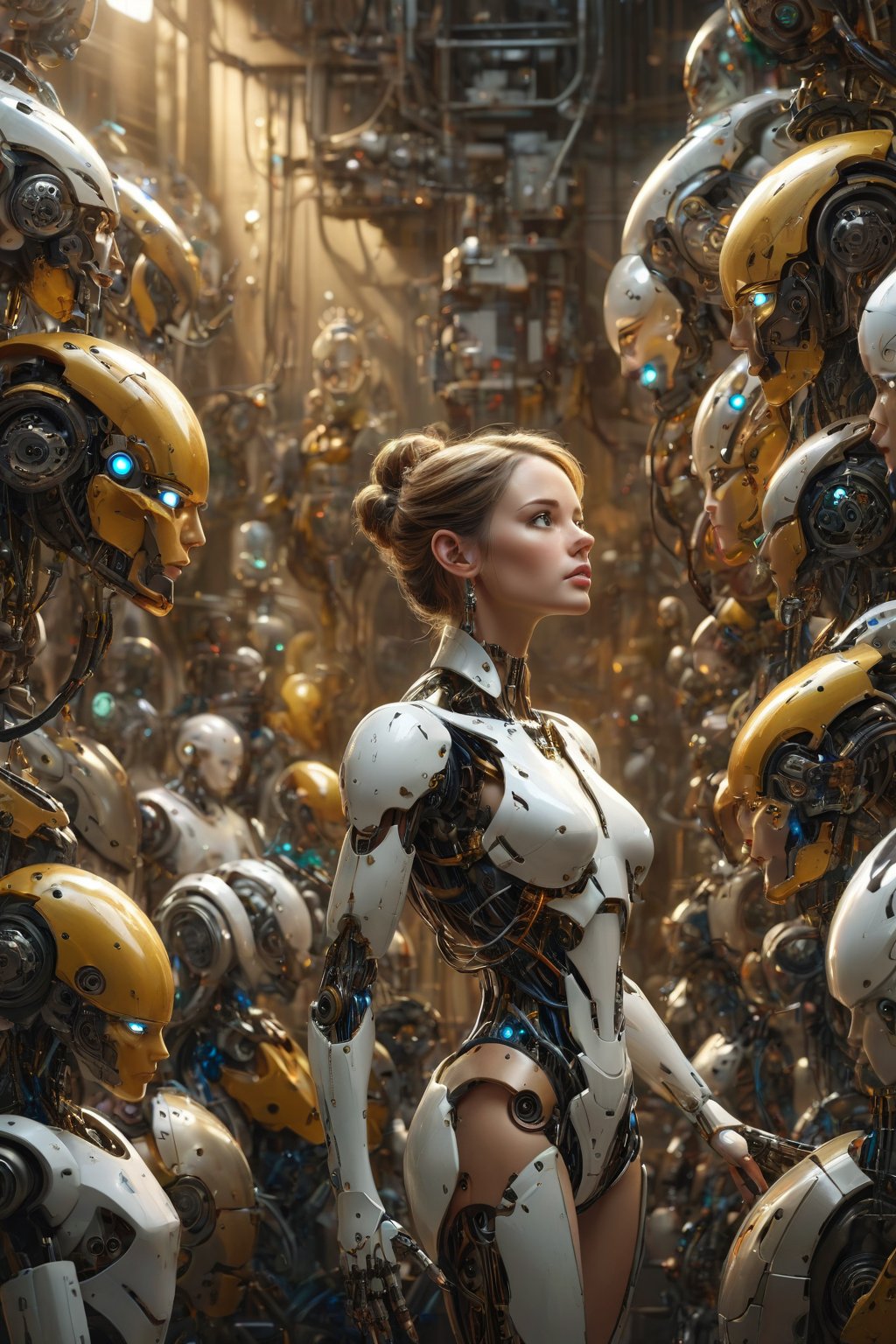 Android creator: Surrounded by her creations, she is the epitome of technological mastery, her expression a mix of pride and contemplation as she gazes upon her robotic offspring. ,perfect light