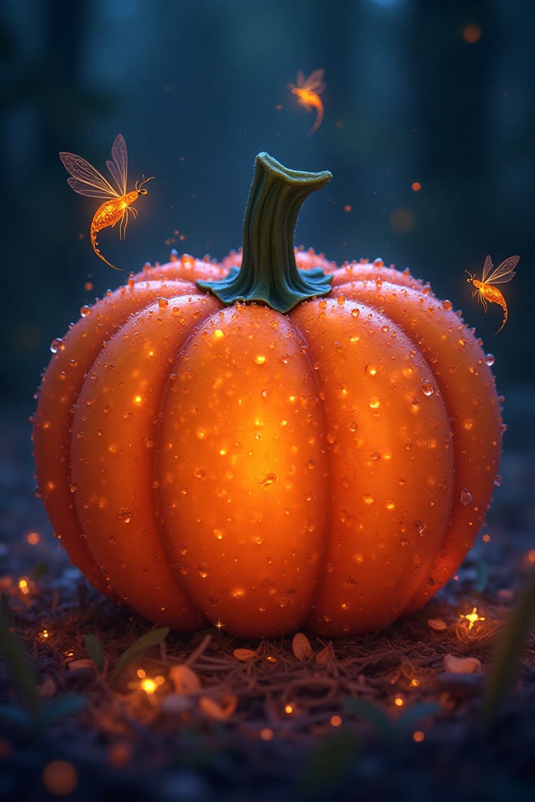 Illustrate a close-up of a vibrant pumpkin with magical, iridescent skin, covered in dewdrops that shimmer like tiny crystals. Small enchanted creatures, like glowing insects or fairies, hover around the pumpkin, adding a whimsical and otherworldly charm to the scene.