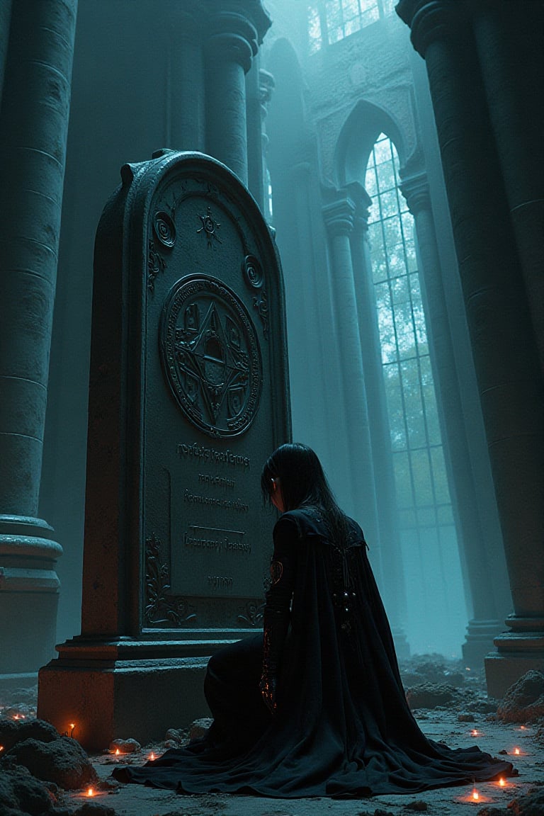 A gothic-inspired female character in dark, flowing robes, with cybernetic details like glowing eyes and tech-enhanced gloves, kneels before an enormous tombstone engraved with symbols of forgotten civilizations. Towering structures of dark metal and stained glass loom around her, casting long, ominous shadows, with flickers of neon lights illuminating the scene in a sci-fi gothic blend.