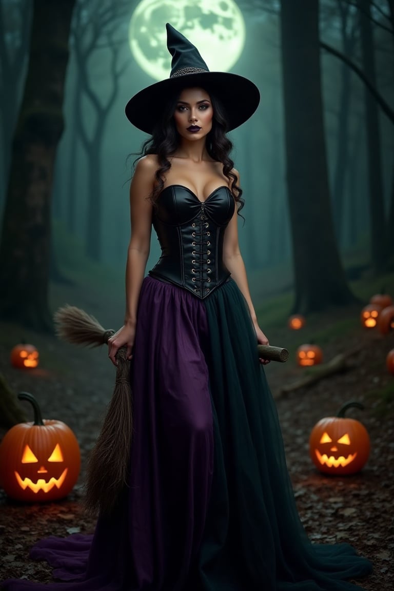 A woman wearing a witch costume inspired by classic Halloween designs, with a modern twist. She wears a pointed black hat, a sleek corset, and a long flowing skirt that shimmers in shades of deep purple and green. Her broom hovers by her side as she poses in front of a full moon. The ultrarealistic portrait captures the fine details of her makeup, including bold, dark lips and sharp eyeliner. Her setting is a haunted forest with glowing jack-o'-lanterns scattered across the ground, bringing a whimsical yet spooky atmosphere.