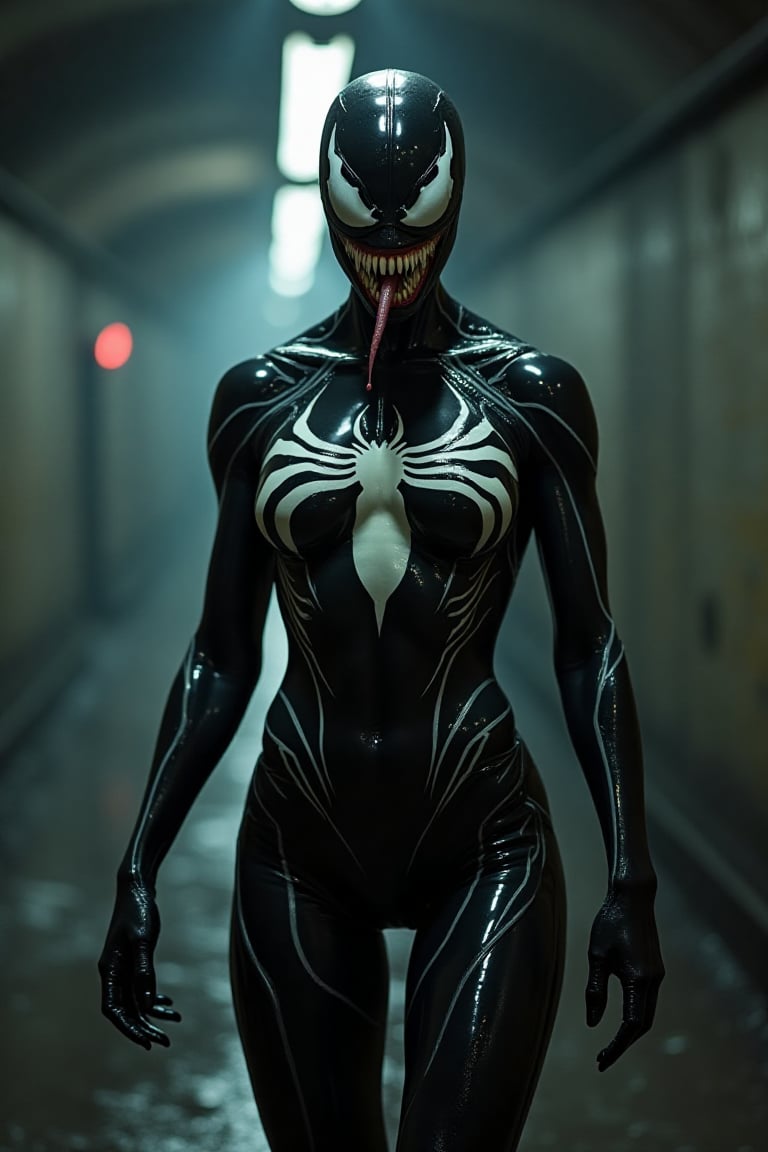 A powerful female Venom, her body covered in a sleek, glossy black symbiote suit with striking white veins and sharp, jagged patterns. Bald head. Her eyes glow with an intense, predatory stare, and her mouth reveals rows of sharp teeth with a serpentine tongue flickering out. She stands in a forgotten subway station, where flickering lights cast eerie shadows, and the faint echo of footsteps seems to follow her from the endless dark tunnels, her silhouette looming large, muscles tense and ready to strike.