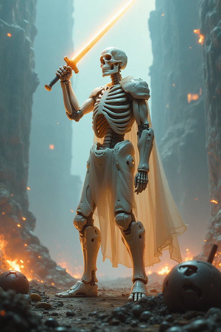 A humanoid skeleton encased in translucent armor, standing on a futuristic battlefield littered with fallen machines. Laser beams and explosions illuminate the figure as it raises a plasma sword. The skeletal figure appears both intimidating and noble, like a warrior resurrected from ancient legends in a high-tech age.