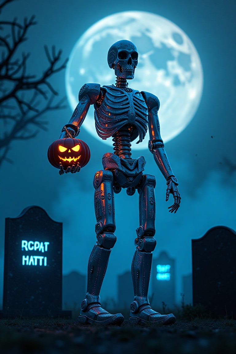 A robotic skeleton in a futuristic graveyard, its metallic bones covered with digital graffiti and pulsing LED lights. Gravestones display holographic names, flickering as if haunted. Neon mist fills the air, and the skeleton holds a neon-blue jack-o'-lantern. In the background, a massive full moon glows with artificial light, adding to the eerie, high-tech ambiance. The robot appears to be celebrating Halloween, standing still yet exuding an ominous, sentient vibe. The graveyard is futuristic, blending metal and traditional Halloween symbols with cyberpunk-inspired aesthetics.