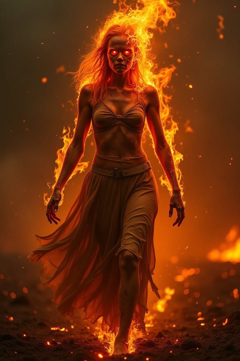 A burning female figure, her face obscured by flickering flames. Her charred skin cracks and smolders, exposing glowing embers beneath. She moves through a scorched landscape, leaving fiery trails as she approaches, her eyes glowing with a malevolent, fiery intensity.