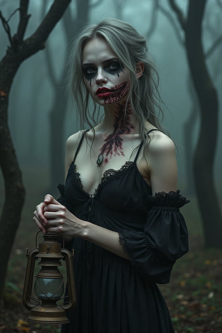 A horrifyingly beautiful female character with decaying makeup, one side of her face painted to reveal exposed "bone" and shadowed flesh, while the other side retains pale, eerie beauty. Her hair is messy and streaked with gray, and her lips are a faded, sickly red. She wears a torn, gothic gown with lace sleeves, holding an old, rusty lantern. The background is a desolate, dark forest, with thick fog rolling between twisted trees, emphasizing her undead but enchanted presence.