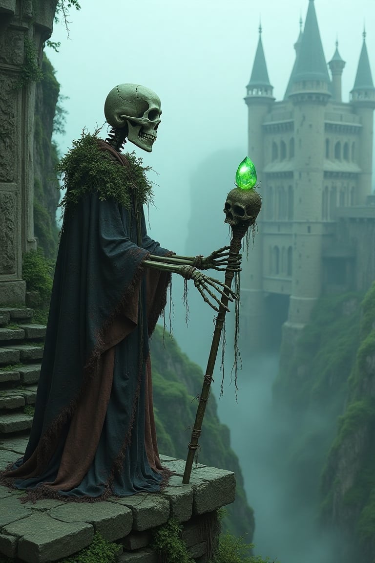 A cursed castle, hidden within a deep, foggy valley, stands with crumbling towers and walls covered in ancient, grotesque carvings. On the castle steps, a lone skeleton clad in rotting, ceremonial robes stares out over the mist-filled gorge. Its hands, bony and clawed, clutch a staff adorned with a skull and eerie green crystals that pulse with unnatural light. The skeleton’s hollow gaze seems alive, watching as twisted spirits drift around the castle grounds. Ivy and creeping vines weave through the skeleton’s bones, as if nature itself tries to reclaim the creature into the earth.