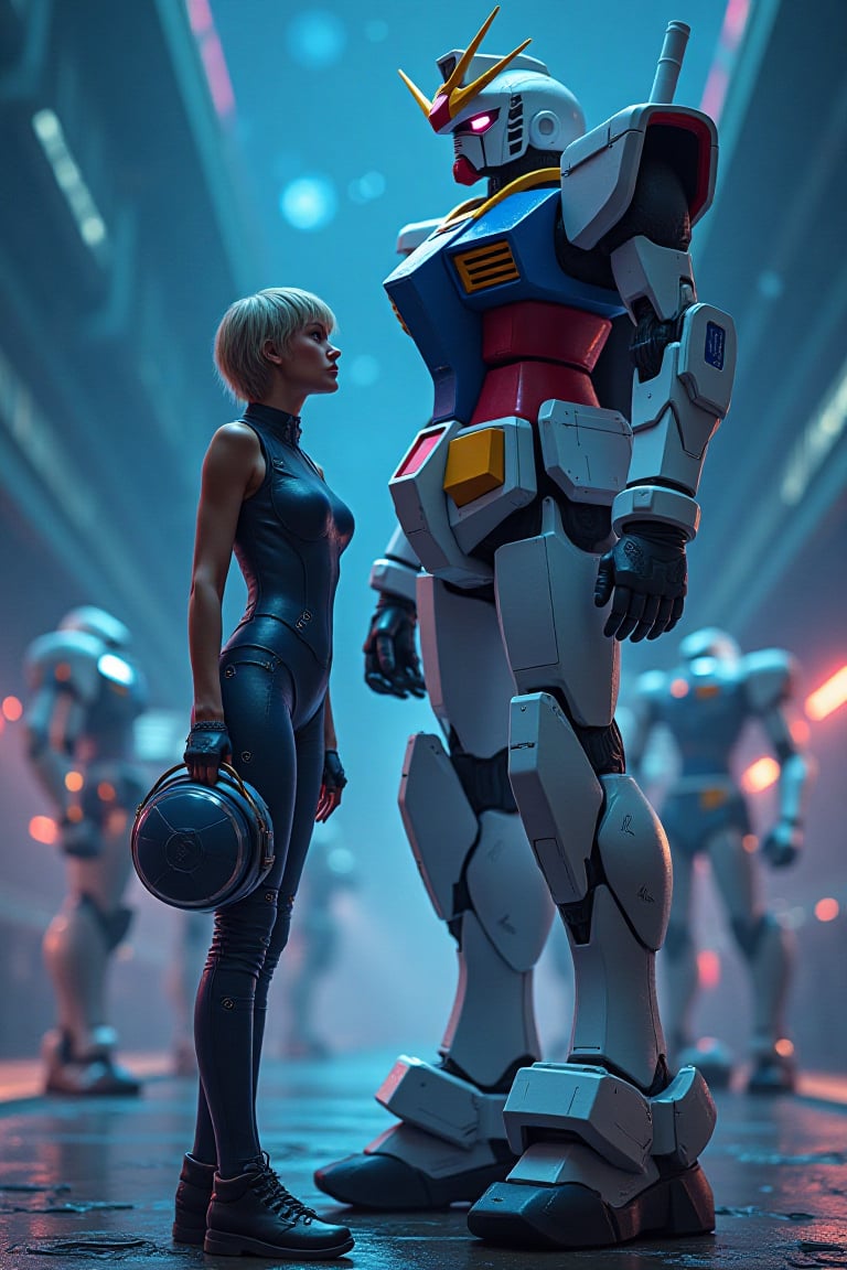 A futuristic pilot in a sleek,  armored jumpsuit stands confidently beside a towering Gundam robot,  her helmet tucked und...