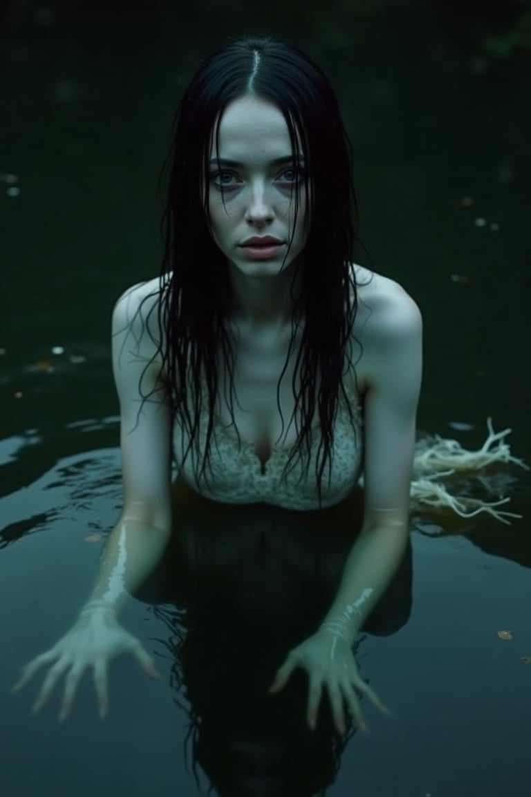 A ghostly woman emerging from a dark, still pond, her skin pale and wet, with long, dripping hair. She gazes with hollow, lifeless eyes, her gown floating around her like waterlogged seaweed. Her fingers stretch unnaturally long, as though seeking to pull someone beneath the surface.