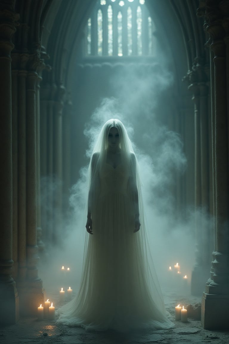 Render a ghostly Halloween phantom woman inside an old, abandoned cathedral. She is dressed in a faded white gown that trails mist behind her. Her gaze is hollow yet mesmerizing, and her figure seems to shift in and out of focus. Pale candlelight illuminates her presence, surrounded by swirling shadows that make her appear both haunting and beautiful.