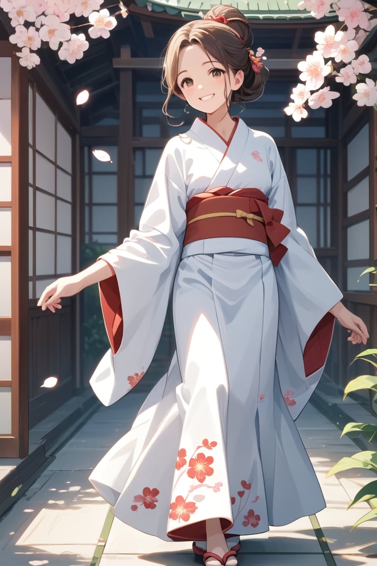 score_9,score_8_up, masterpiece, in the style of a hanafuda deck, a lovely Japanese girl (short cute brown hairdo, soft smile, dimples, kimono, elegant, wondrous expression)  walking under bright-red maple leaves), (Japanese Hanafuda design background).