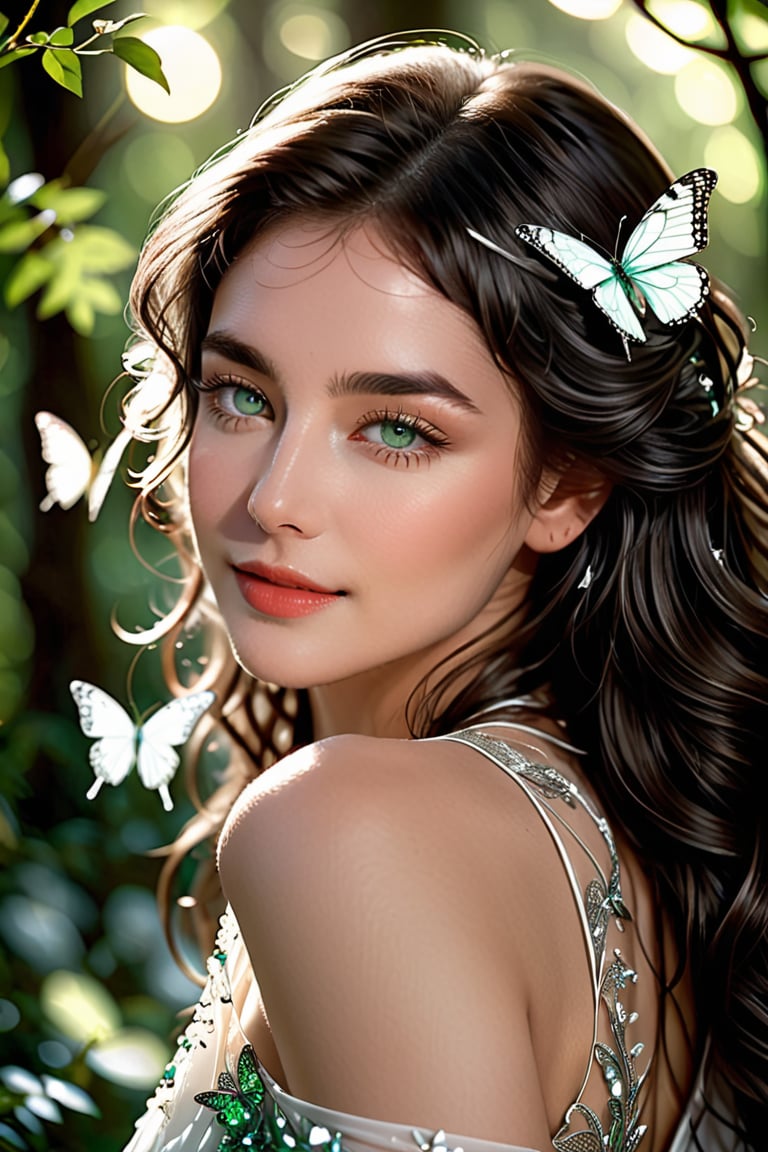 A serene goddess emerges from a silvery white world, set against the mystical backdrop of a deep forest. A low-angle shot captures her stunning features as she smiles warmly, her piercing emerald eyes sparkling with highlights. Her long gray curly hair shines like silk, framing her porcelain skin and high-necked dress adorned with intricate butterfly designs. The camera's shallow depth of field blurs the out-of-focus background, drawing attention to her delicate lips, subtly defined brows, and radiant complexion. A white moon glows in the night sky as a cascade of white butterflies dance around her, their gentle movements evoking an ethereal aura. ((Unreal Engine's denoising tech ensures fine detail and realistic rendering))