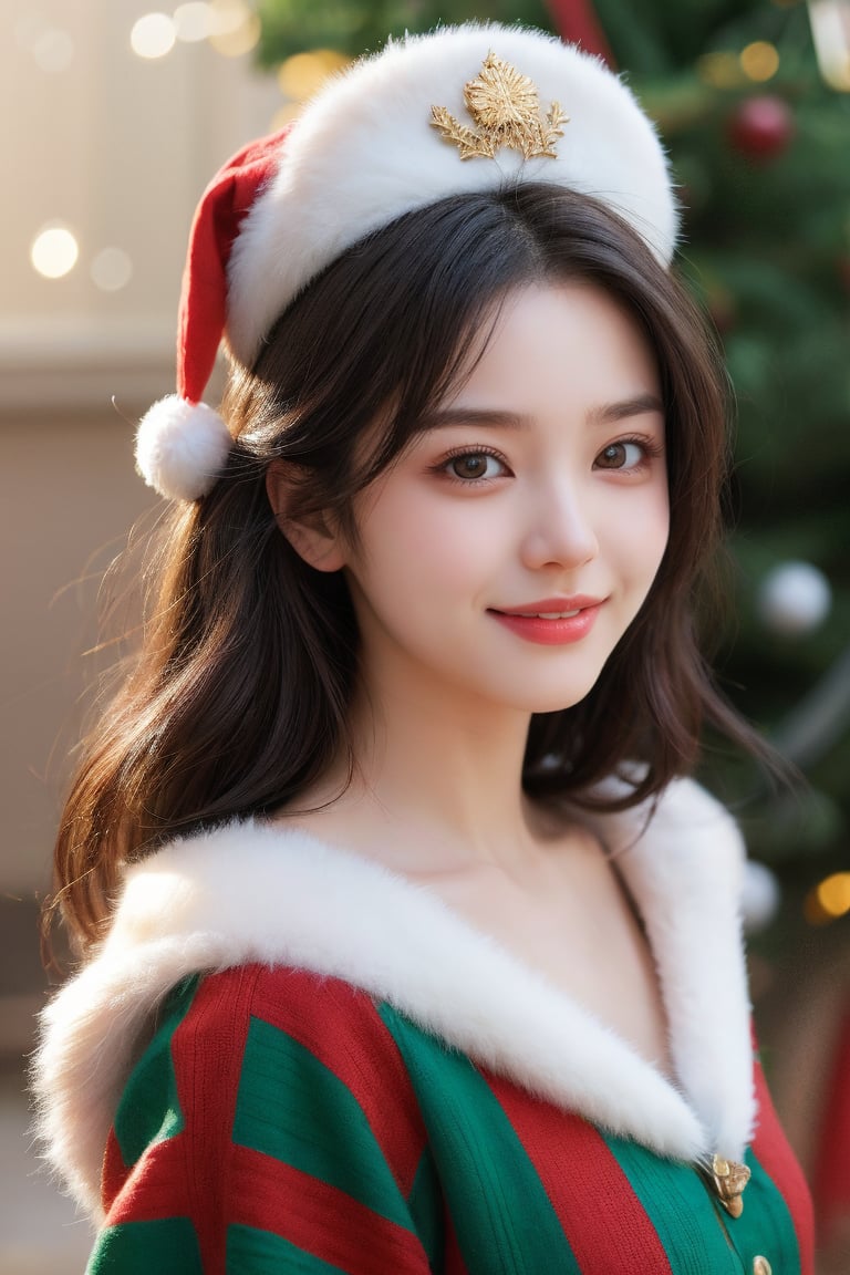 Whimsical half-body portrait of an attractive woman in a vibrant Santa Claus costume,  featuring soft fur textures and hue...