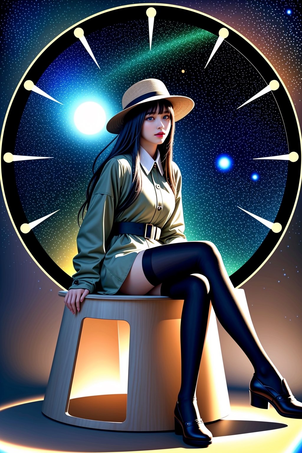 (masterpiece),best quality,highres,stunning art,beautifully painted,colorful,(rim light:1.2),4K wallpapper,fantasy,(panorama),(huge circular flowing round_ramed_clock background),through space,(huge circular flowing transparent hollow round_ramed_clock  on top:1.3),complete round_ramed_clock,(((circular surround floating cityscape landscape))),solo,1girl,slim,sitting_invisible_chair,gentle smile,(black thighhighs),long black hair,blunt bangs, green eyes,(khaki fedora), khaki coat,long light-green dress, light-greenshoes,space background,starry_sky,galaxy,red moon,<lora:659111690174031528:1.0>