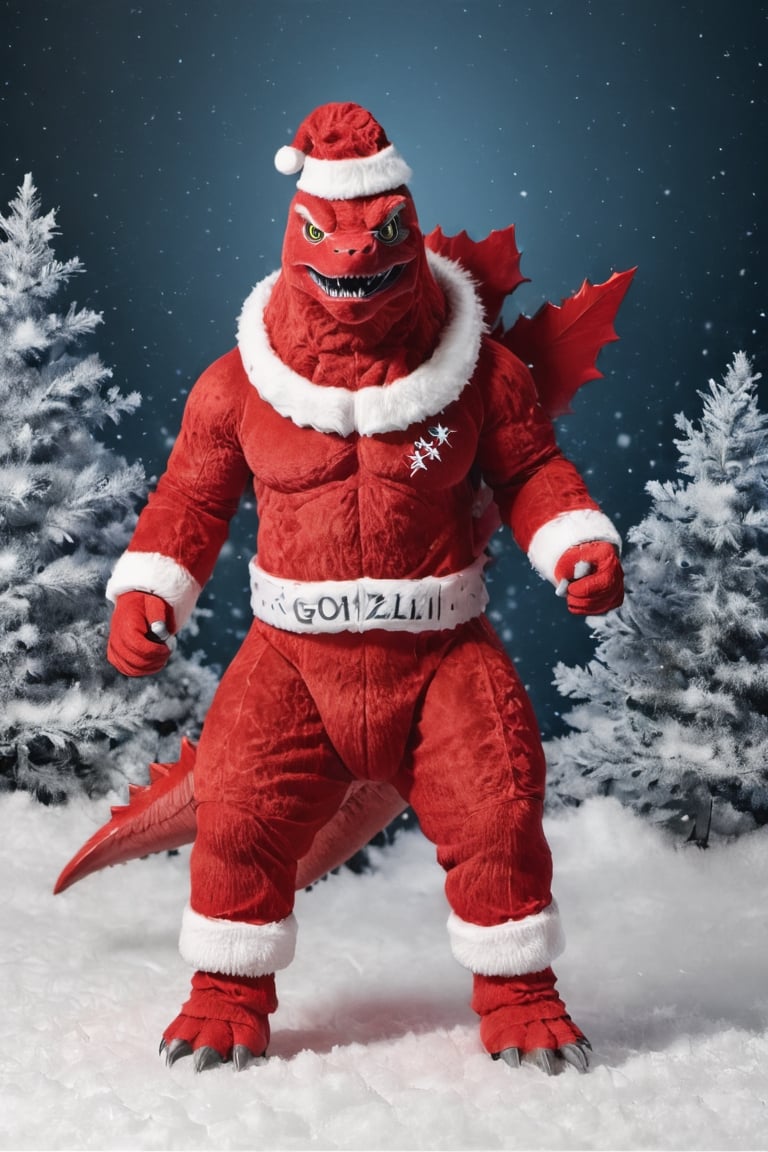 Extreme detailed Godzilla, ((full body:1.3)),  Godzilla, large CROWs, Futuristic Beam weapon, symmetry design , Monster, exoskeleton Godzilla, ((santa claus red costume)), ((sant hat)), Midnight, (((christmas decorations:1.9))), (snow flakes falling:1.9), ((from below:1.9))