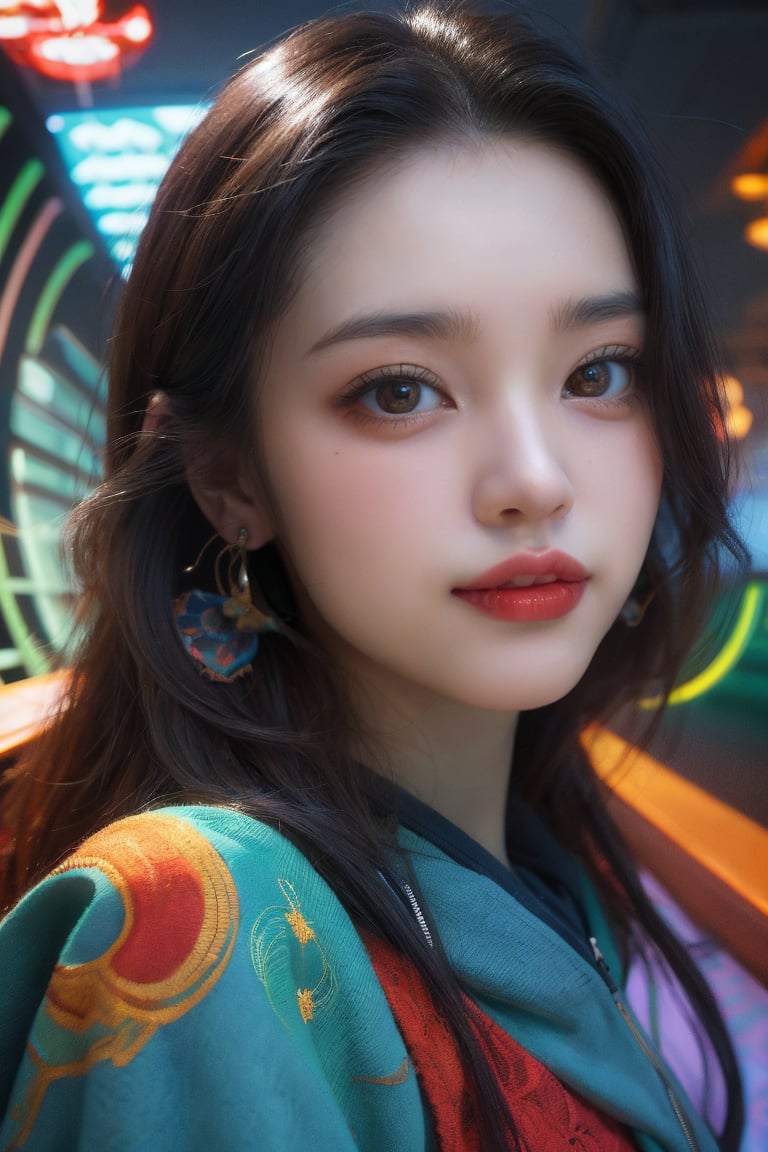A stunning portrait of a young woman dressed in a vibrant,  multicolored hoodie with swirling patterns of blue,  orange by...