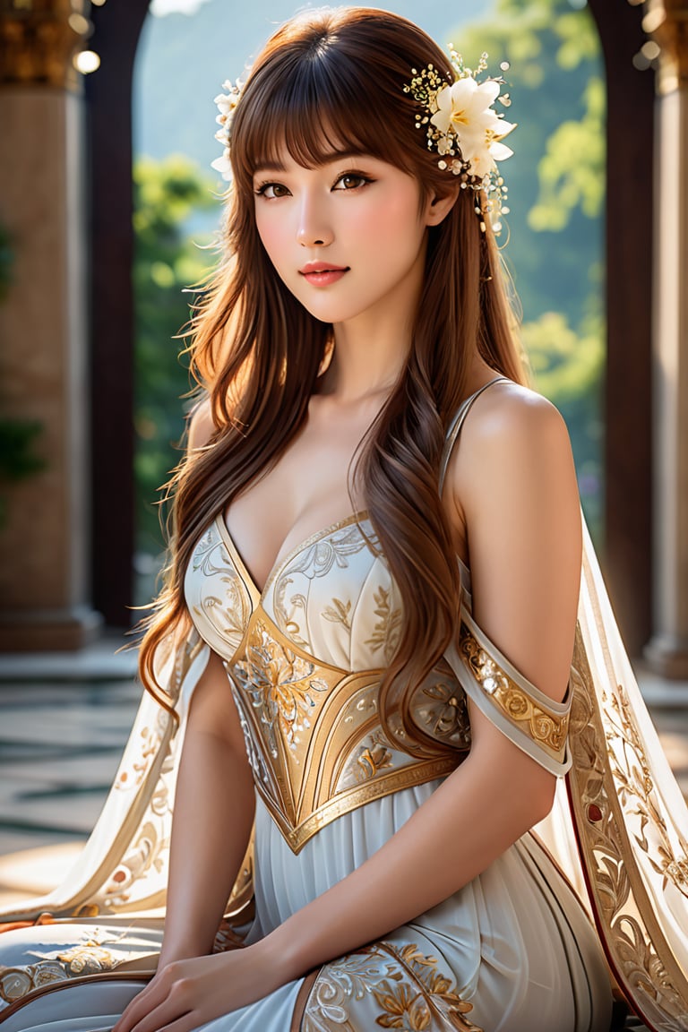 ((full body:1.9)), A majestic goddess blooms in a lavish palace setting. She sits serene, her long chestnut hair framing her face with high bangs. Her eyes, radiant with light brown hues and highlights in the pupils, gaze upward as her chin subtly tilts towards the sky. Plump cheeks and lips curve into a gentle smile, illuminating her small, exquisite features. Delicate Dutch-inspired brushstrokes bring her physiologically correct body to life, set against an out-of-focus background with shallow depth of field. The 350mm telephoto lens captures every detail in stunning 8K resolution, with noise removed for unparalleled realism. Her skin glows with a subtle shine, as if kissed by the divine. Unreal Engine's precision rendering brings this digital masterpiece to life, showcasing her enchanting beauty.