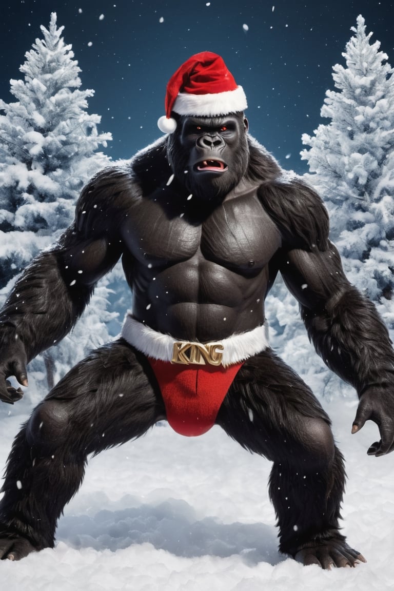 Extreme detailed king kong, ((full body:1.3)), king kong, large CROWs, Futuristic Beam weapon, symmetry design, Monster, exoskeleton king kong, golden eyes, ((santa claus red costume)), ((sant hat)), Midnight, (((christmas decorations:1.9))), (snow flakes falling:1.9), ((from below:1.7)), ((from side:1.9)), ((christmas decoration tree:1.9)), ((Smile))