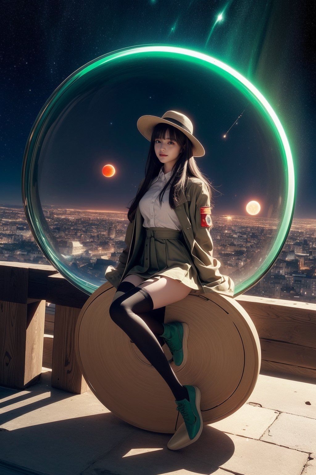 (masterpiece),best quality,highres,stunning art,beautifully painted,colorful,(rim light:1.2),4K wallpapper,fantasy,(panorama),(huge circular flowing round_ramed_clock background),through space,(huge circular flowing transparent hollow round_ramed_clock  on top:1.3),complete round_ramed_clock,(((circular surround floating cityscape landscape))),solo,1girl,slim,sitting_invisible_chair,gentle smile,(black thighhighs),long black hair,blunt bangs, green eyes,(khaki fedora), khaki coat,long light-green dress, light-greenshoes,space background,starry_sky,galaxy,red moon