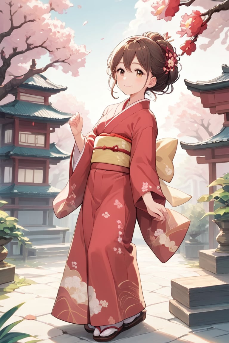 score_9,score_8_up, masterpiece, in the style of a hanafuda deck, a lovely Japanese girl (short cute brown hairdo, soft smile, dimples, kimono, elegant, wondrous expression)  walking under bright-red maple leaves), (Japanese Hanafuda design background).