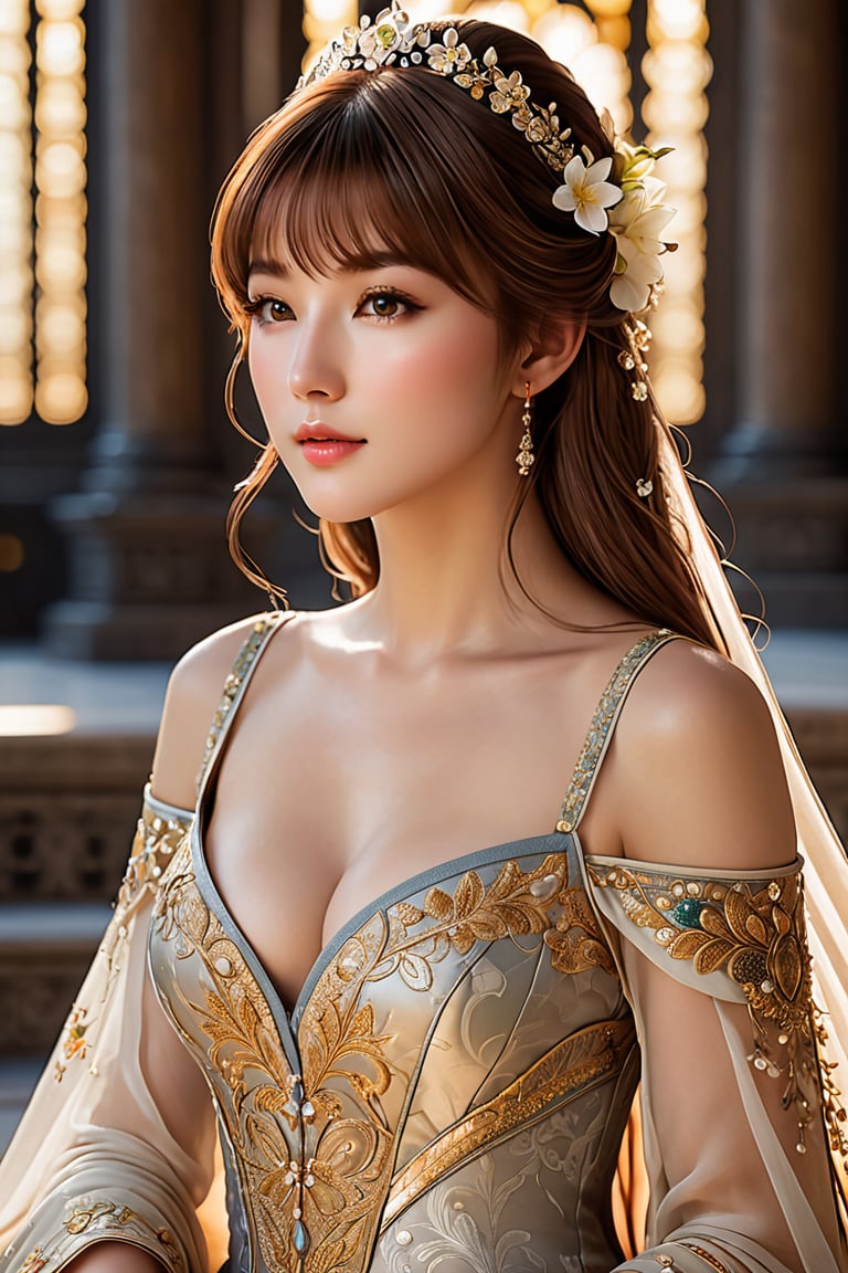 ((full body:1.9)), A majestic goddess blooms in a lavish palace setting. She sits serene, her long chestnut hair framing her face with high bangs. Her eyes, radiant with light brown hues and highlights in the pupils, gaze upward as her chin subtly tilts towards the sky. Plump cheeks and lips curve into a gentle smile, illuminating her small, exquisite features. Delicate Dutch-inspired brushstrokes bring her physiologically correct body to life, set against an out-of-focus background with shallow depth of field. The 350mm telephoto lens captures every detail in stunning 8K resolution, with noise removed for unparalleled realism. Her skin glows with a subtle shine, as if kissed by the divine. Unreal Engine's precision rendering brings this digital masterpiece to life, showcasing her enchanting beauty.