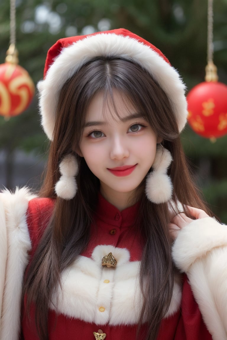 Whimsical half-body portrait of an attractive woman in a vibrant Santa Claus costume,  featuring soft fur textures and hue...