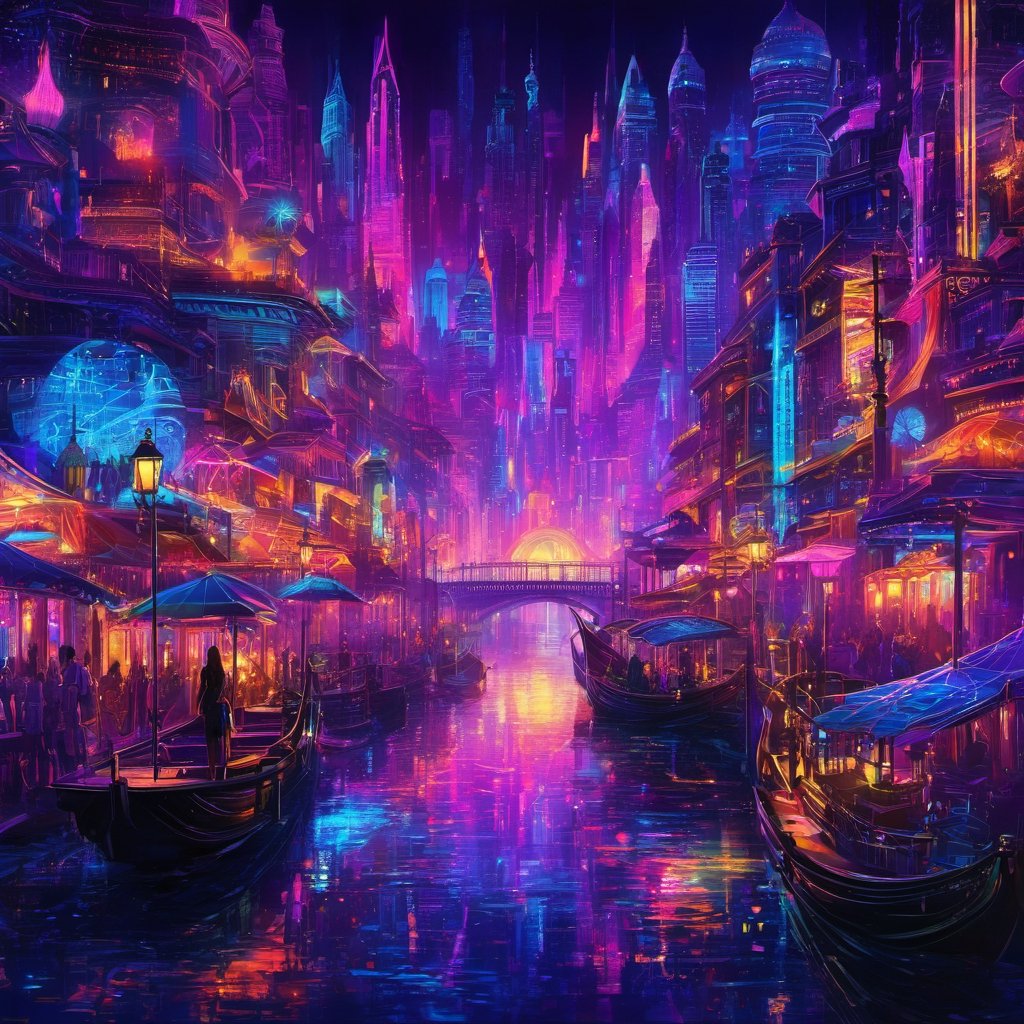 Create a mesmerizing scene of a dream wrapped in an amazing lit place, with a black-light style. Emphasize vibrant colors, glowing elements, intricate details, and a surreal atmosphere.,night city