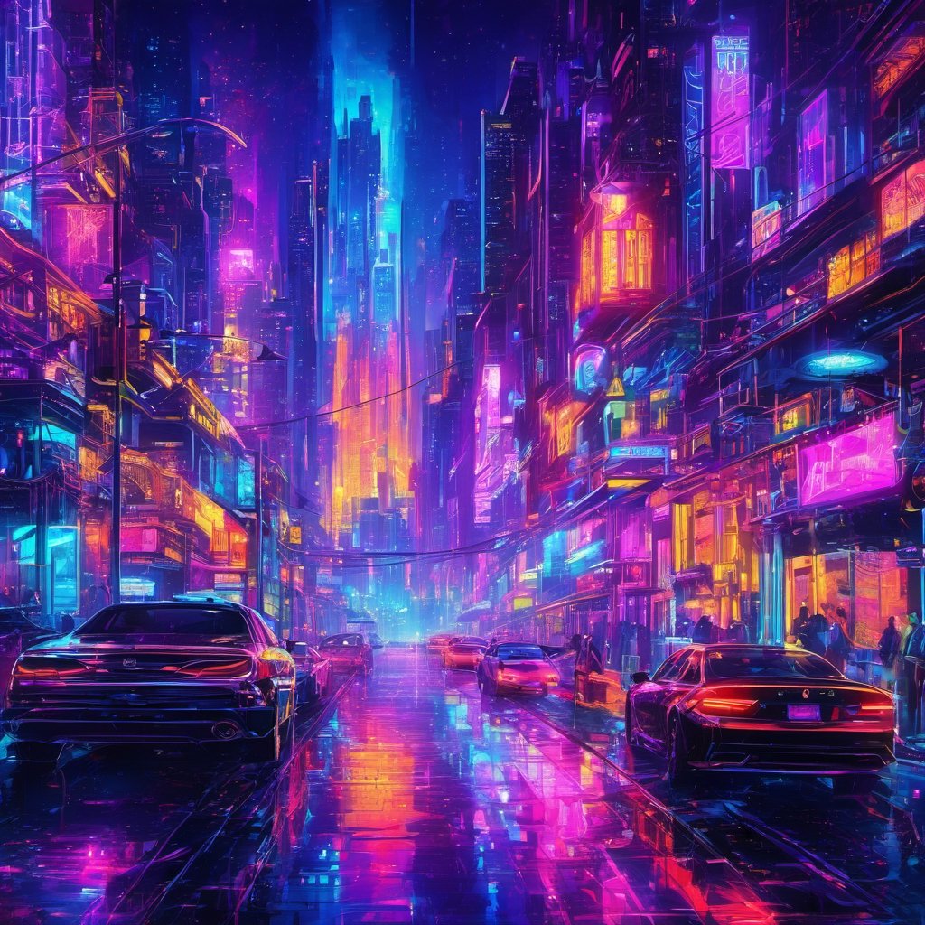 Create a mesmerizing scene of a dream wrapped in an amazing lit place, with a black-light style. Emphasize vibrant colors, glowing elements, intricate details, and a surreal atmosphere.,night city