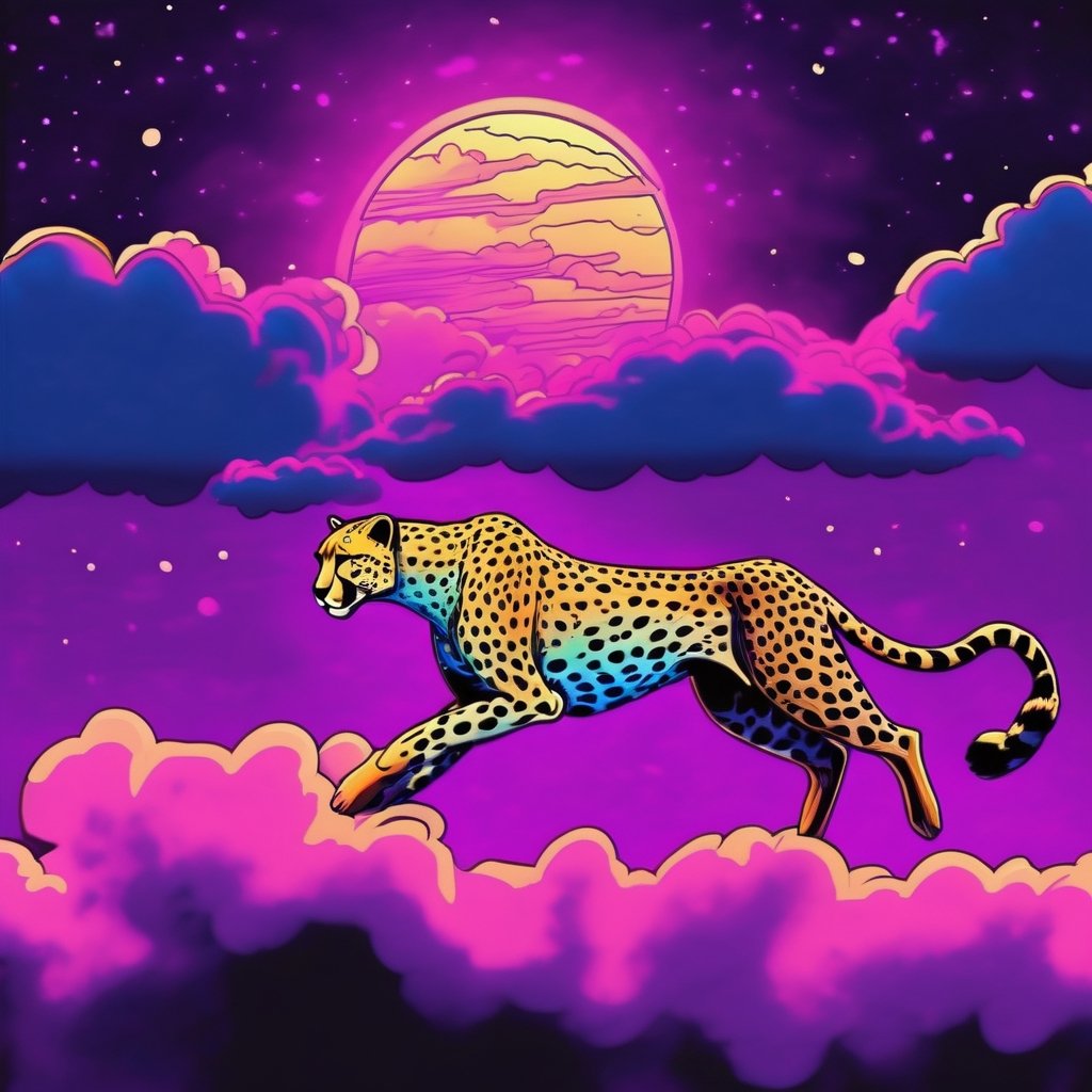 Fast motion,  velocity,  cheetah running through the clouds at night, lofi, blacklight, 