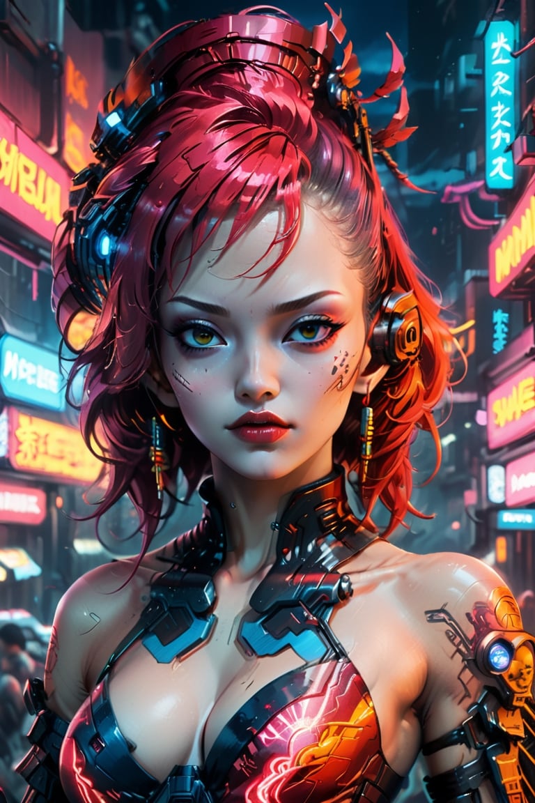 Cyberpunk artwork inspired by NAMI from ONE PIECE,  set in a sexy futuristic fashion cyberpunk universe. Emphasize her seductive allure,  beautiful face,  perfect eyes,  perfect nose shape,  perfect lips,  perfect hands , vibrant RED foliage,  neon-lit cityscape,  and intricate cybernetic enhancements. Capture the essence of danger and allure in this cyberpunk masterpiece.,cyberpunk style,cyberpunk