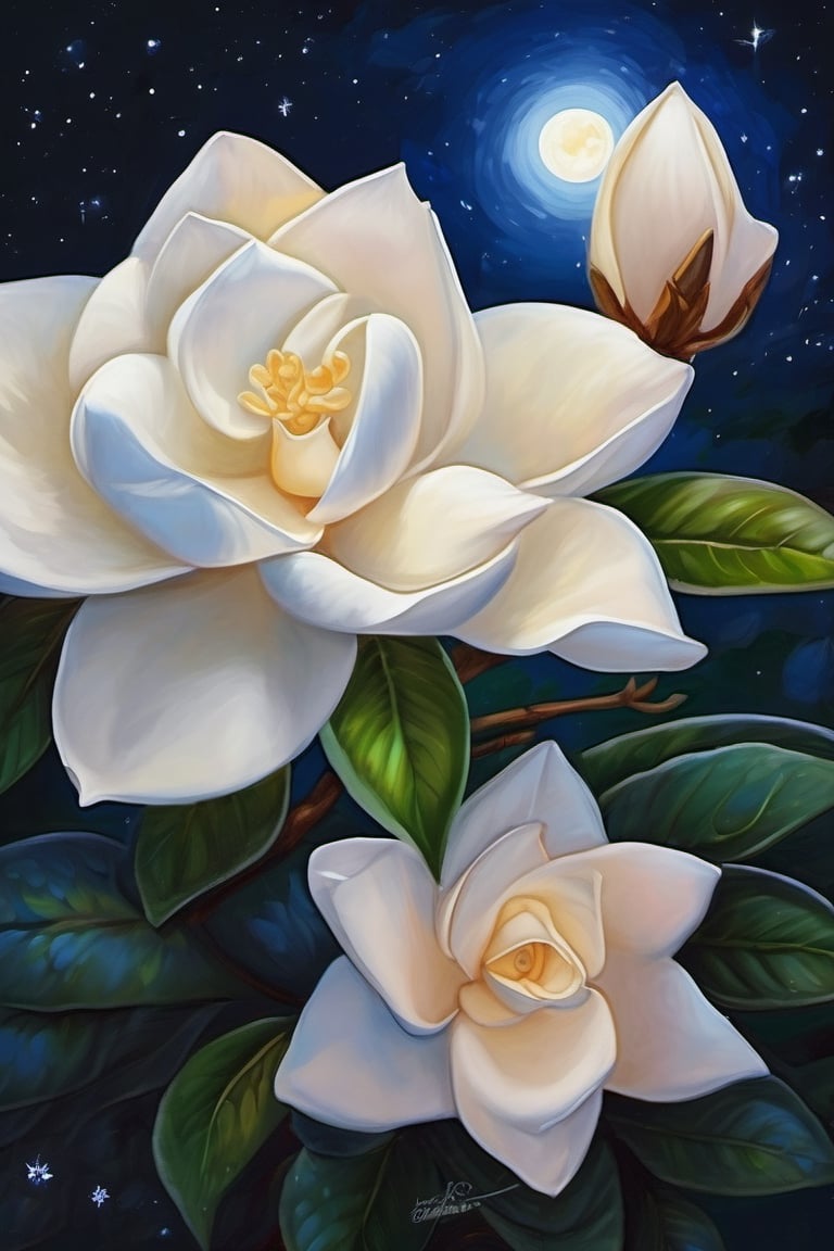 (A masterpiece), A beautiful Gardenia flower, vivid color, under a stary night sky, a vivid moon light