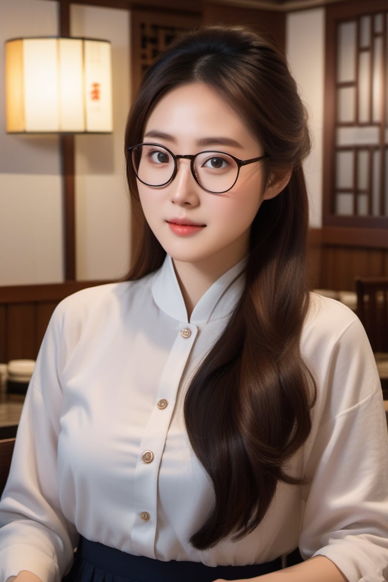 “Create a highly detailed photo realistic masterpiece of an image of a half-body portrait of a 25-year-old Korean woman with strikingly beautiful features. She is wearing elegant spectacles that complement her look. Her long, curvy hair flows gracefully around her shoulders. She is wearing a cheong sam . She have medium breast. The woman is facing the camera, capturing her confident and warm expression. The scene is set in a cozy Chinese restaurant, with soft ambient lighting that accentuates her features. The camera used is a Canon 50mm lens with a wide-open aperture of 1.8, creating a beautiful bokeh effect in the background.