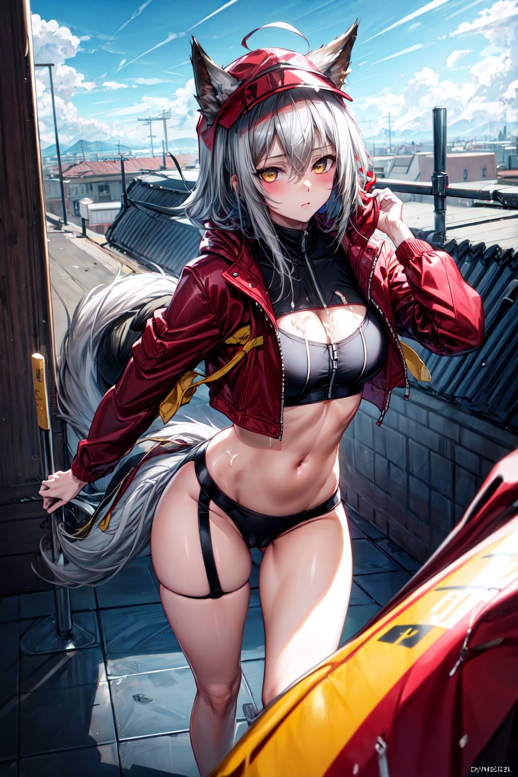 masterpiece, best quality , vivid colours,long hair,fullbody,High detailed,detailed face and eyes, long hair,camel_toe,panties showing,standing,front pov,sfw,vulva,ahoge,1girl,dynamicpose,clothes floating with the wind,powerful colours,projekt red from arknights chilling in a roof top,1girl,gray hair,navel,hot body,projekt red light breeze, yellow eyes, leaning forward, jacket, wolf tail, hood, open jacket, hooded jacket, red jacket, thigh strap, unzipped, ears through headwear,cum in her navel,