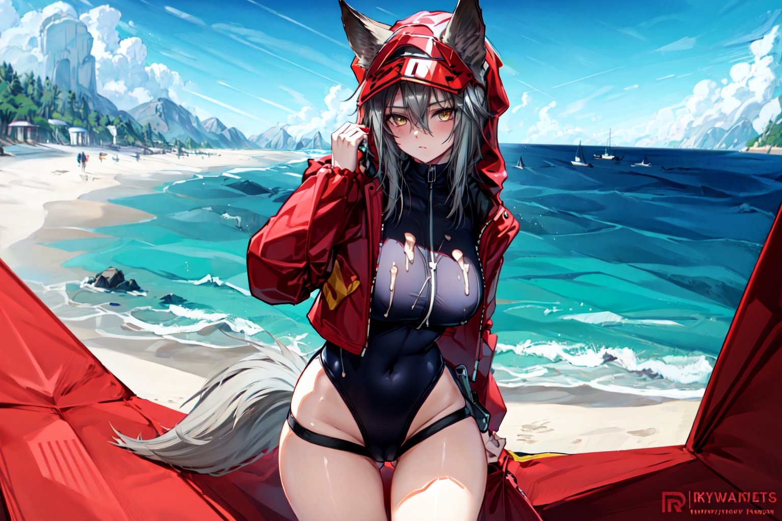 masterpiece, best quality , vivid colours,long hair,fullbody,High detailed,detailed face and eyes, long hair,camel_toe,panties showing,standing,front pov,sfw,vulva,ahoge,1girl,dynamicpose,clothes floating with the wind,powerful colours,projekt red from arknights chilling in a roof top,1girl,gray hair,navel,hot body,projekt red light breeze, yellow eyes, leaning forward, jacket, wolf tail, hood, open jacket, hooded jacket, red jacket, black one-piece swimsuit, thigh strap, unzipped, highleg swimsuit, ears through headwear,cum in her navel and thighs