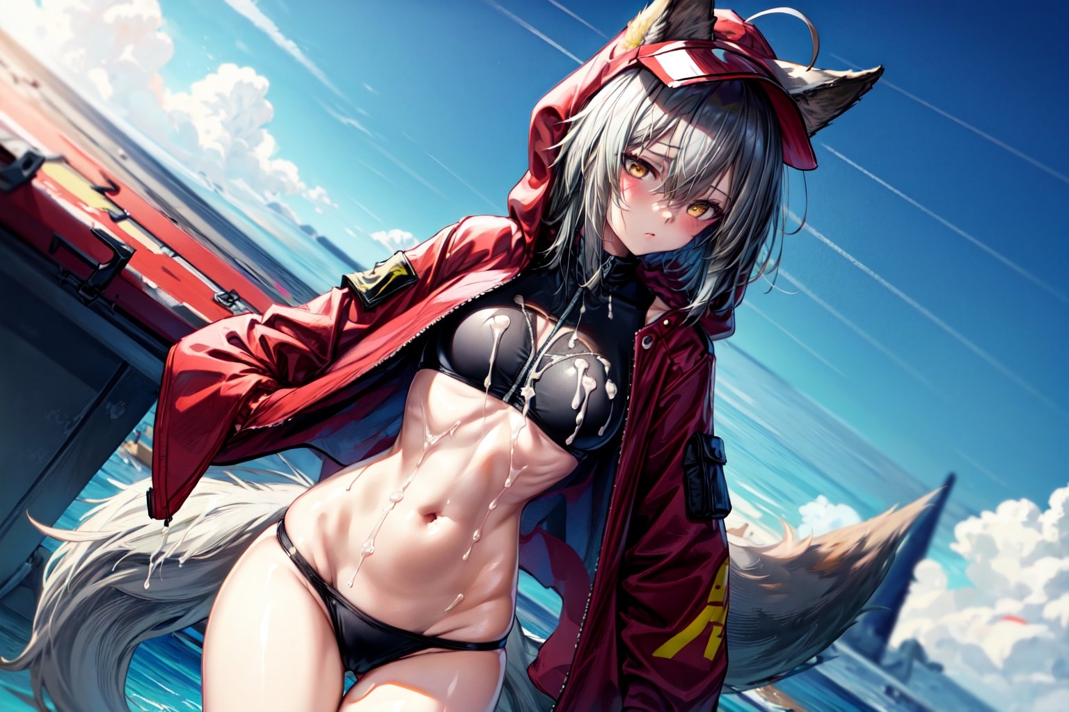 masterpiece, best quality , vivid colours,long hair,fullbody,High detailed,detailed face and eyes, long hair,camel_toe,panties showing,standing,front pov,sfw,vulva,ahoge,1girl,dynamicpose,clothes floating with the wind,powerful colours,projekt red from arknights chilling in a roof top,1girl,gray hair,navel,hot body,projekt red light breeze, yellow eyes, leaning forward, jacket, wolf tail, hood, open jacket, hooded jacket, red jacket, black one-piece swimsuit, thigh strap, unzipped, highleg swimsuit, ears through headwear,cum in her navel,