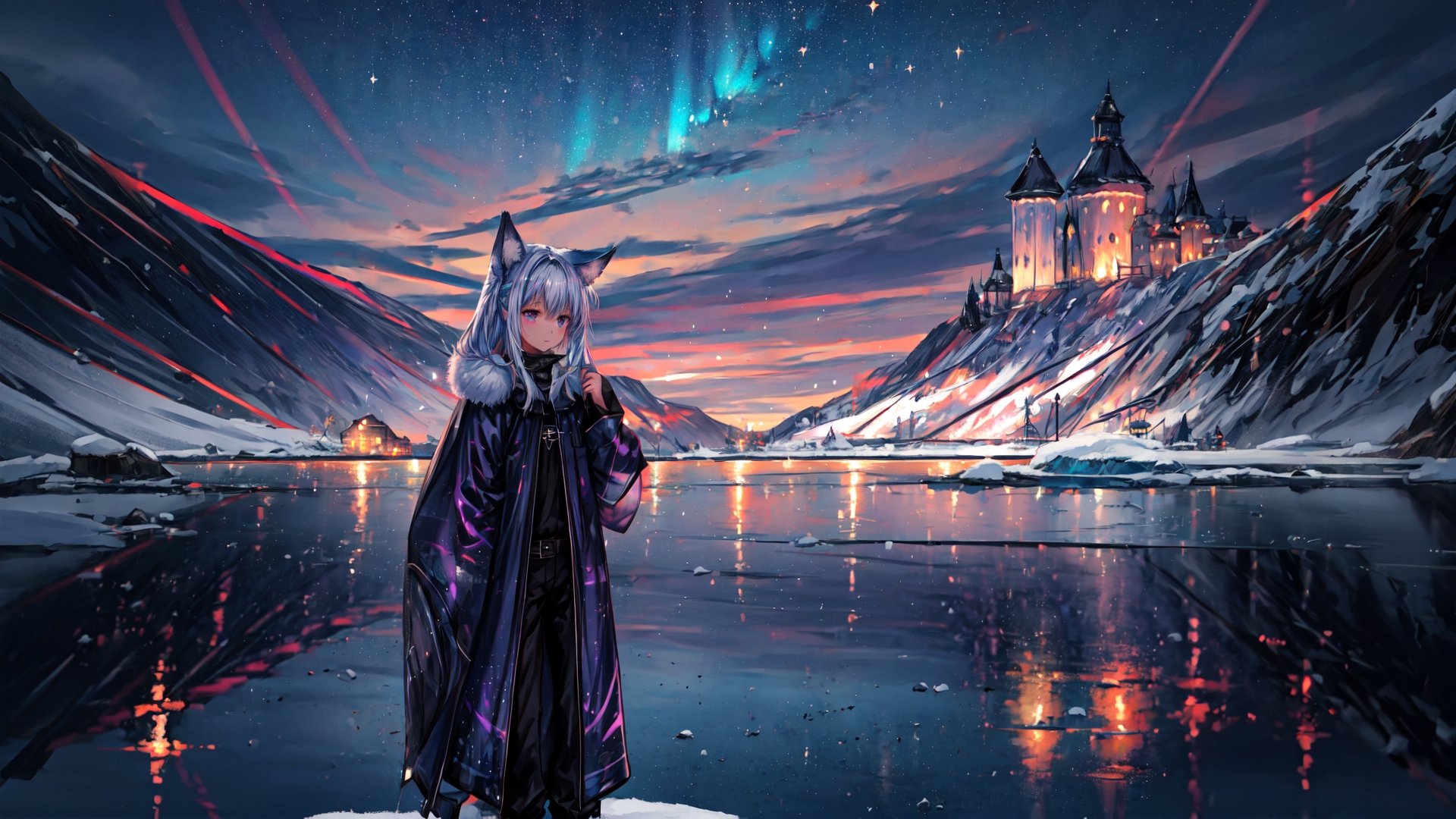 masterpiece,colorful,{best quality},detailed eyes,high constrast,ultra high res.,amidef,Seele is in a ice mountain seeing a huge blueprple glowing ice village with glowing nebula sky while the sun is setting down with big galaxy like stars.,giving a sad yet with a little hope. ,animal ears,long hair,hikaru1,layersuit,full_body,reflection in the ice and snown