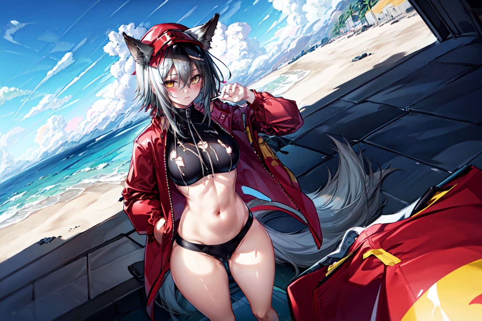 masterpiece, best quality , vivid colours,long hair,fullbody,High detailed,detailed face and eyes, long hair,camel_toe,panties showing,standing,front pov,sfw,vulva,ahoge,1girl,dynamicpose,clothes floating with the wind,powerful colours,projekt red from arknights chilling in a roof top,1girl,gray hair,navel,hot body,projekt red light breeze, yellow eyes, leaning forward, jacket, wolf tail, hood, open jacket, hooded jacket, red jacket, black one-piece swimsuit, thigh strap, unzipped, highleg swimsuit, ears through headwear,cum in her navel and thighs