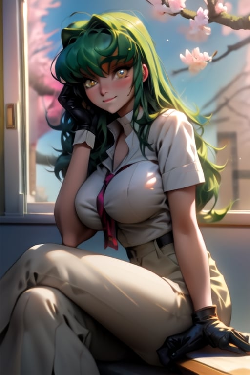 c.c,big_boobies,masterpiece,colorful,best quality, c.c sitting cross leg with hand into the chin,cute face, the background is a classroom where theres a huge window which light comes true and c.c is alone just chilling looking at the sakura trees through the window,c.c.,detailed eyes,using gloves,perfecteyes,looking at window