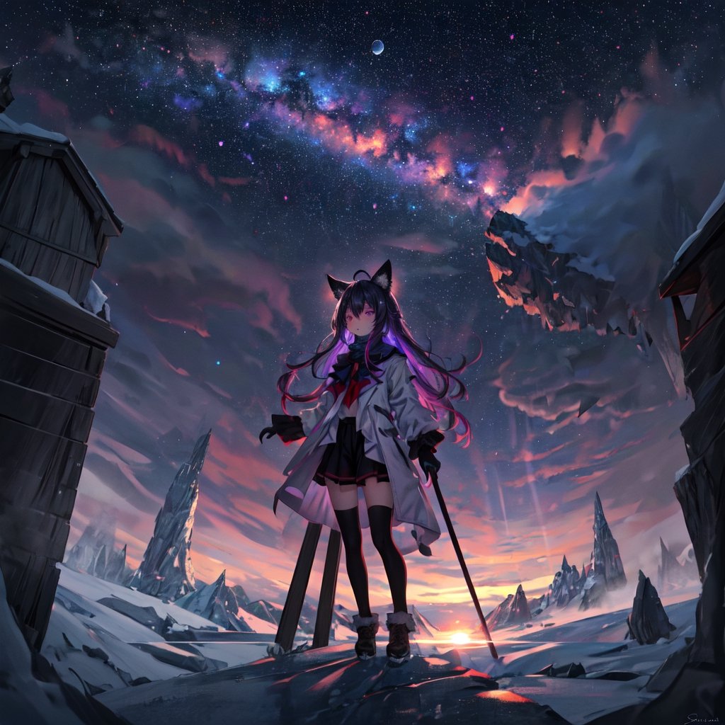 masterpiece,colorful,{best quality},detailed eyes,high constrast,ultra high res.,amidef,Seele is in a ice mountain seeing a huge glowing ice ravine with glowing nebula sky while the sun is setting down with big galaxy like stars.,giving a sad yet with a little hope. ,animal ears,long hair