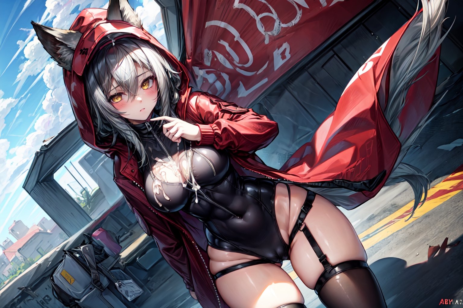 masterpiece, best quality , vivid colours,long hair,fullbody,High detailed,detailed face and eyes, long hair,camel_toe,panties showing,standing,front pov,sfw,vulva,ahoge,1girl,dynamicpose,clothes floating with the wind,powerful colours,projekt red from arknights chilling in a roof top,1girl,gray hair,navel,hot body,projekt red light breeze, yellow eyes, leaning forward, jacket, wolf tail, hood, open jacket, hooded jacket, red jacket, black one-piece swimsuit, thigh strap, unzipped, highleg swimsuit, ears through headwear,cum in her navel,