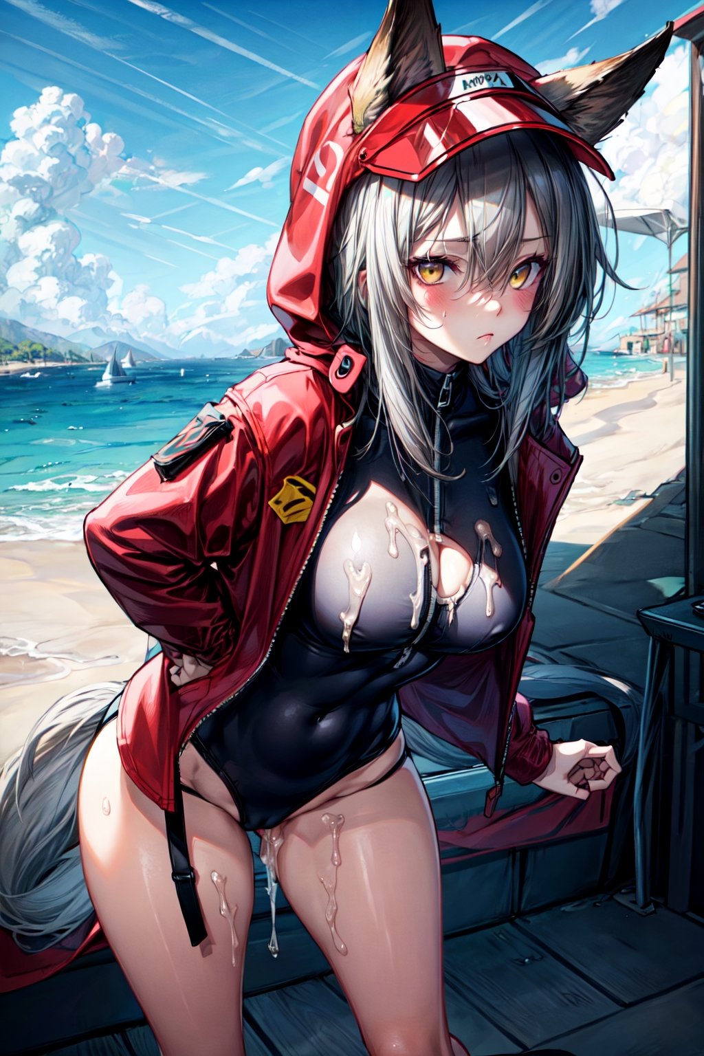 masterpiece, best quality , vivid colours,long hair,fullbody,High detailed,detailed face and eyes, long hair,camel_toe,panties showing,standing,front pov,sfw,vulva,ahoge,1girl,dynamicpose,clothes floating with the wind,powerful colours,projekt red from arknights chilling in a roof top,1girl,gray hair,navel,hot body,projekt red light breeze, yellow eyes, leaning forward, jacket, wolf tail, hood, open jacket, hooded jacket, red jacket, black one-piece swimsuit, thigh strap, unzipped, highleg swimsuit, ears through headwear,cum in her navel,