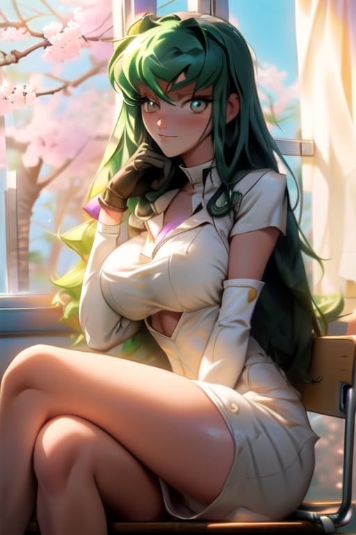 c.c,big_boobies,masterpiece,colorful,best quality, c.c sitting cross leg with hand into the chin,cute face, the background is a classroom where theres a huge window which light comes true and c.c is alone just chilling looking at the sakura trees through the window,c.c.,detailed eyes,using gloves