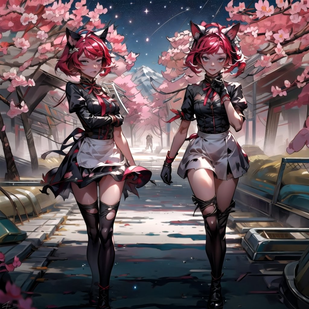 masterpiece,  best quality,  cute,  animal ears,  shorts,  paw pose,  facing viewer,  looking at viewer,walking in a sakura forest, destiny /(takt op./) dressed as a hot maid neko with torn up clothes,detailed face,cute expression,ahegao_face,barely clothed with,perfectbody,detailed,realistic eyes,,skirt flowing in the wind,destiny /(takt op./) is in a starry mountain with magical stars in the skies,realistic,using cat pawns gloves,high res,