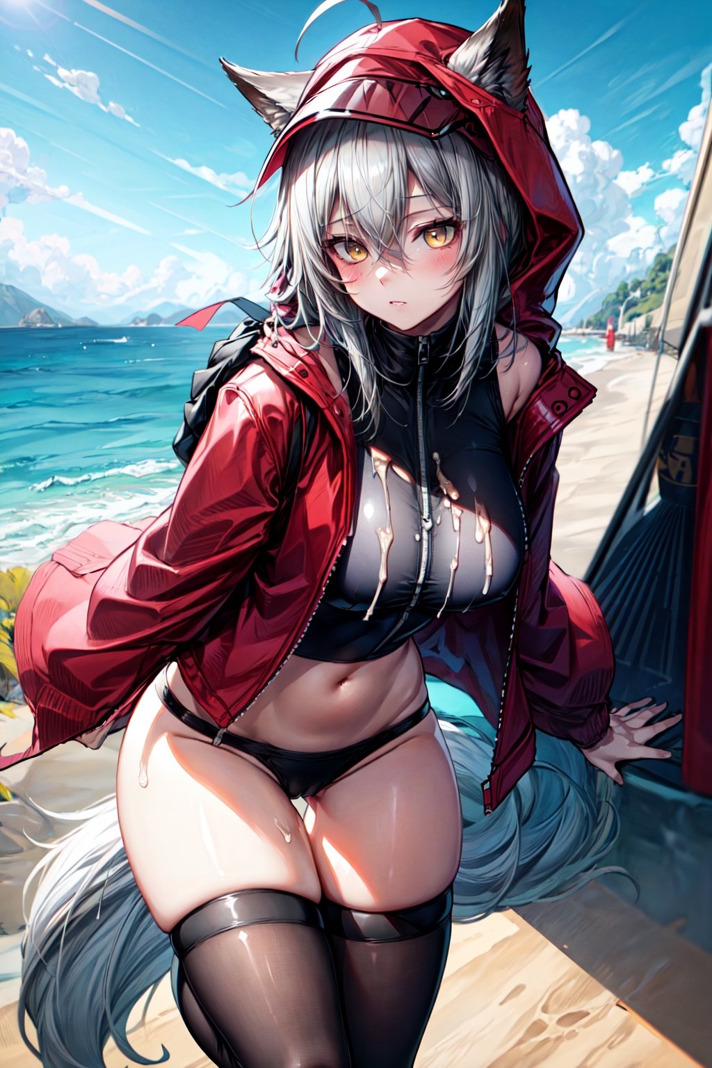 masterpiece, best quality , vivid colours,long hair,fullbody,High detailed,detailed face and eyes, long hair,camel_toe,panties showing,standing,front pov,sfw,vulva,ahoge,1girl,dynamicpose,clothes floating with the wind,powerful colours,projekt red from arknights chilling in a roof top,1girl,gray hair,navel,hot body,projekt red light breeze, yellow eyes, leaning forward, jacket, wolf tail, hood, open jacket, hooded jacket, red jacket, black one-piece swimsuit, thigh strap, unzipped, highleg swimsuit, ears through headwear,cum in her navel,