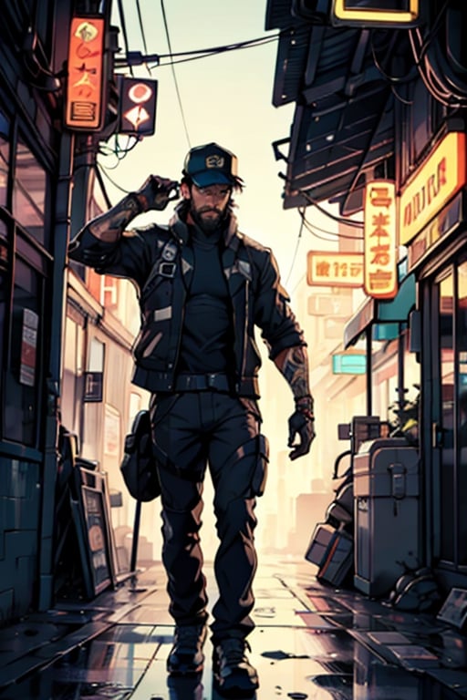 (masterpiece), perfect artwork, best quality, high resolution, photo man with a cap on top of roof at morning, cyborg, hidden face, beard, highly detailed, detailed background neon city, perfect lighting, cyberpunk, (1boy, solo), casual outfit, posing, cap, jensenDX, black hair, short hair