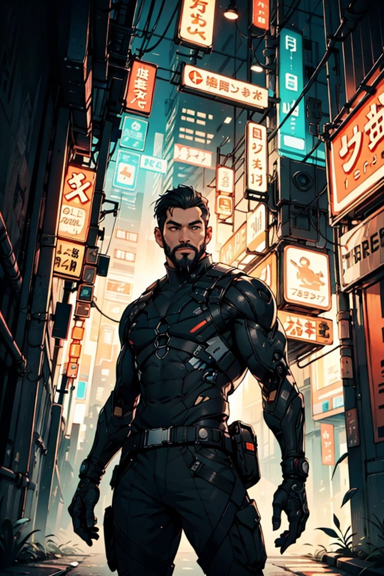 (masterpiece), perfect artwork, best quality, high resolution, photo man with a cap on top of roof at morning, cyborg, hidden face, beard, highly detailed, detailed background neon city, perfect lighting, cyberpunk, (1boy, solo), casual outfit, posing, cap, jensenDX, black hair, short hair