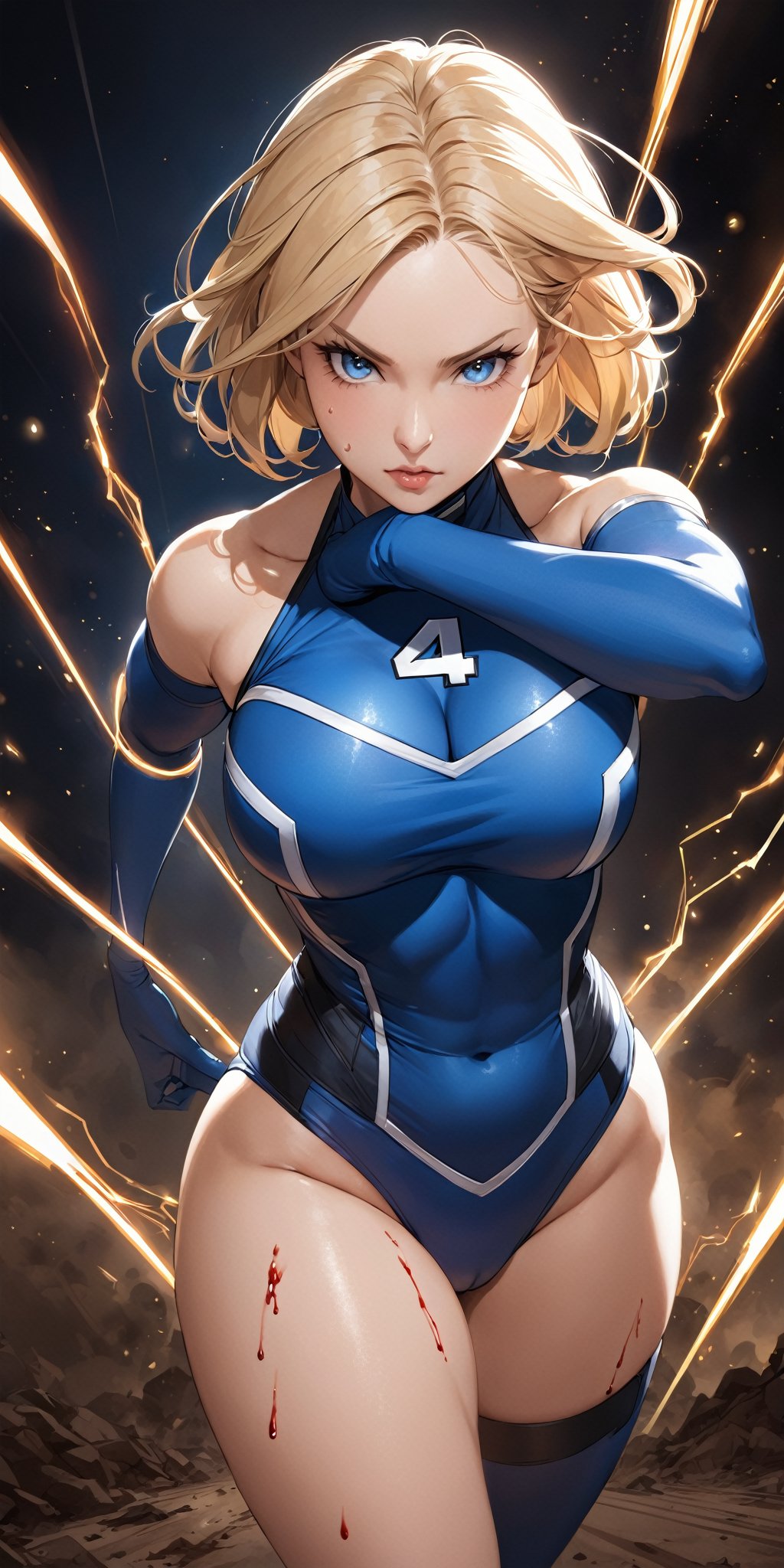 a woman, perfect woman with great details, invisible woman, detailed and well-defined face, detailed and well-defined eyes, blue eyes, short blonde hair, hair suspended by gravity, Fantastic Four costume: 1.3, blue costume, large number 4 printed on the chest of the costume: 1.3, large breasts: 1.2, small waist, toned hips, curvy body, marvel character, detailed body and good proportion, toned physique, angry expression, pursing her lips and with malice, with hands forming a sphere of energy front at viewer, sphere of energy with small sparkles, postapocalyptic situation, (detailed and definition lines of view of cuts-blows-blood-sweat-dirt on the body from a fight:1.4), suit torn by the fight:1.4, Full shot at the viewer:1.3,Mandy_Toon,Girl